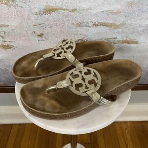 Tory Burch Miller Sandals Womens Size 8 Gold Leather Thong Cork Footbed Comfort